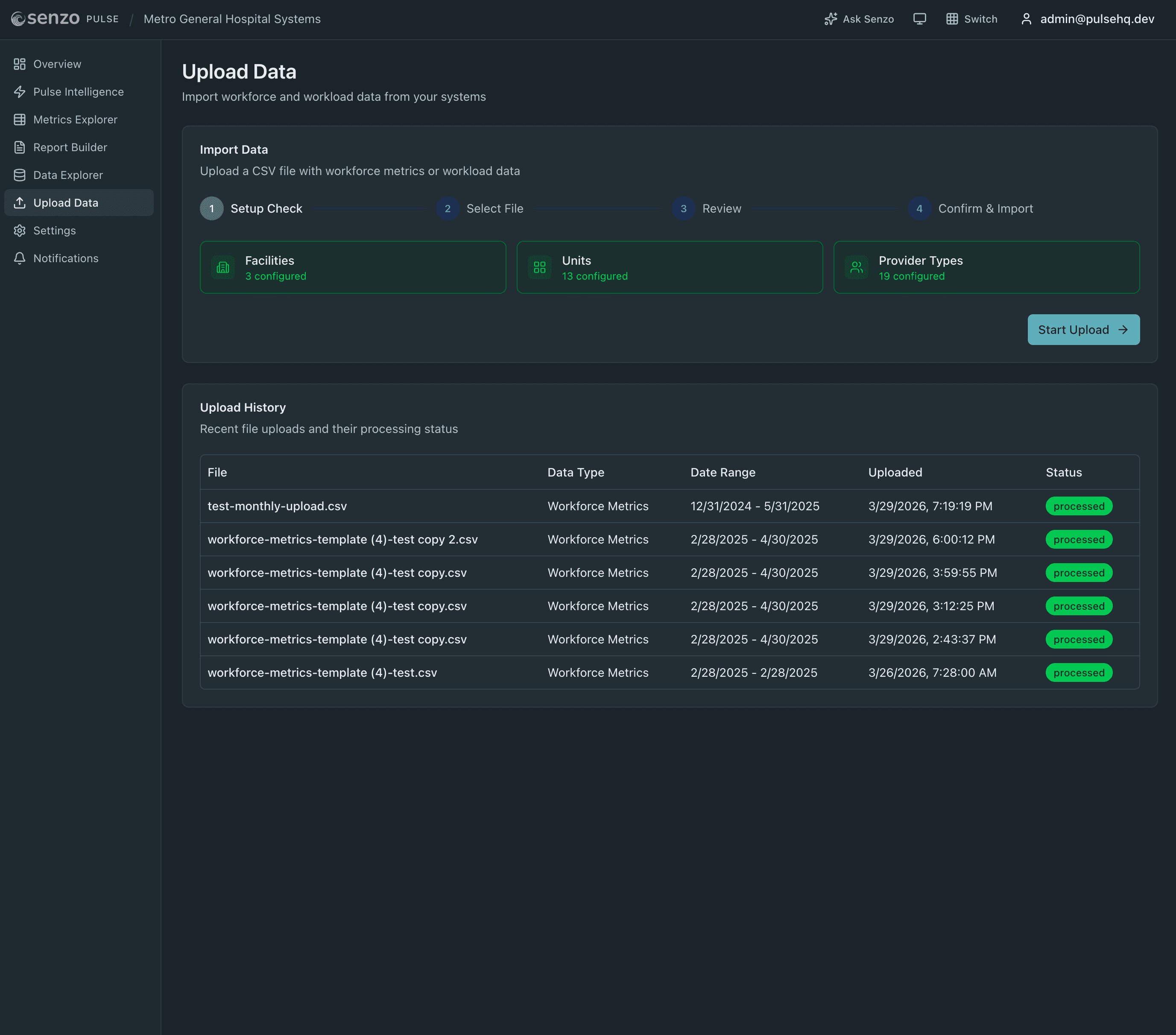Senzo data upload wizard showing guided CSV import with column mapping and validation